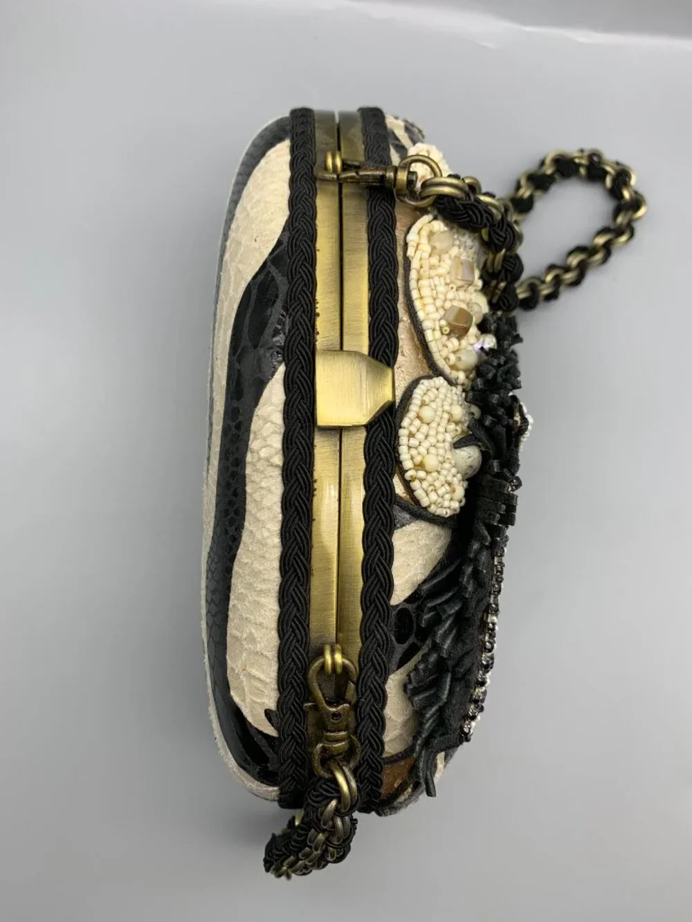 Vintage Mary Frances Zebra-Beaded Handbag Clutch with Removable Shoulder Chain